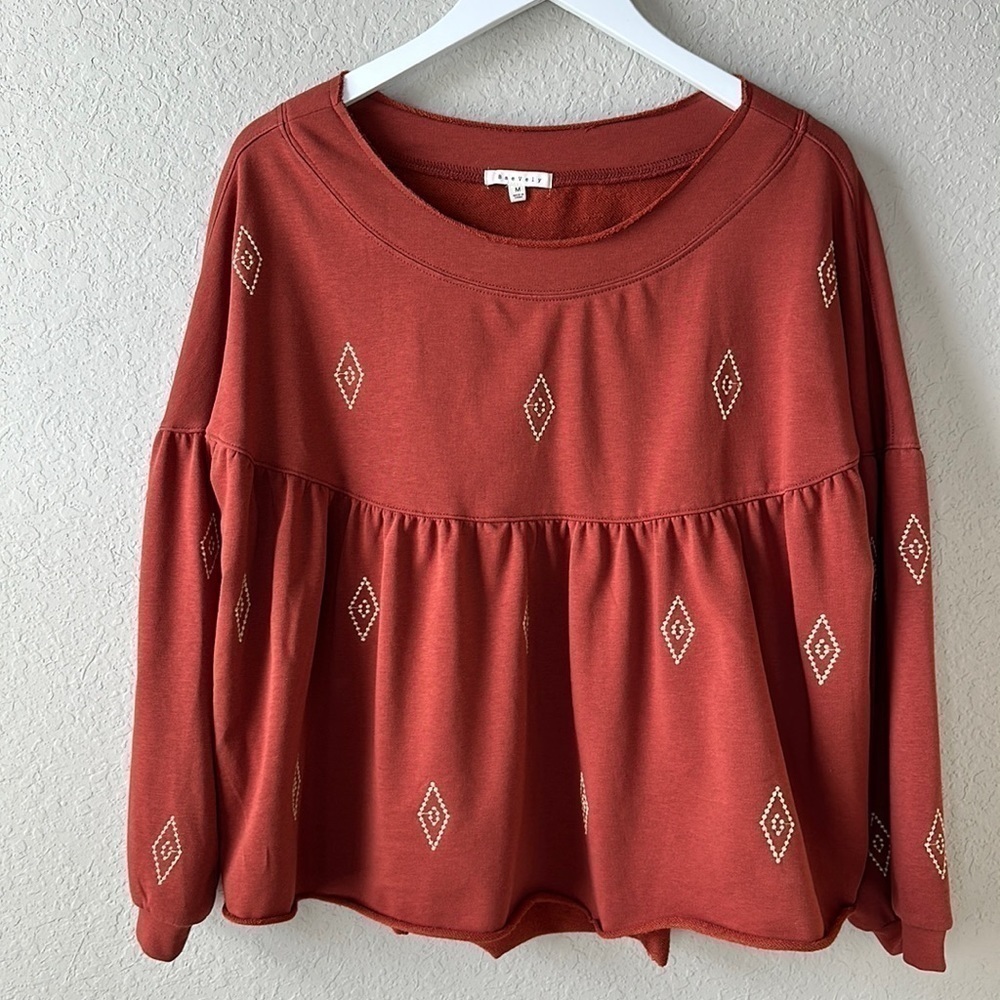 BaeVely Long Sleeve Flouncy Embroidered Raw Hem‎ Boho Shirt Top Size Medium